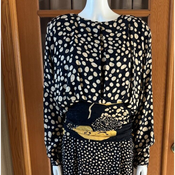 Vtg 80s 100% Silk Black Dress Yellow PolkaDot Ruched Blouson M 10 - Picture 4 of 13